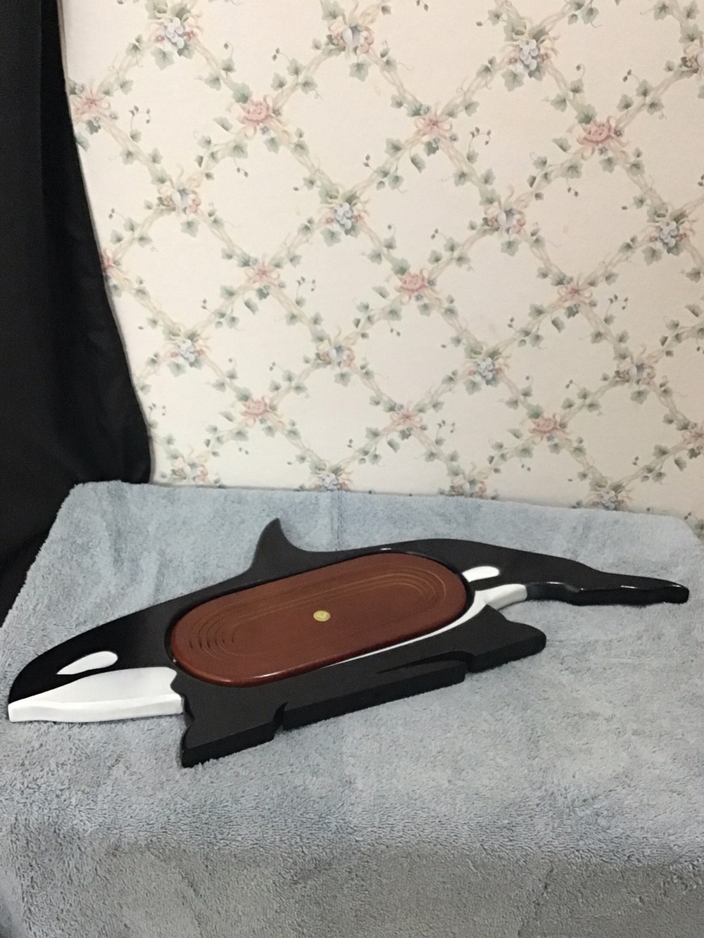 Orca Whale Shaped Vintage Collapsible Wooden Basket Hand Painted Hand Carved